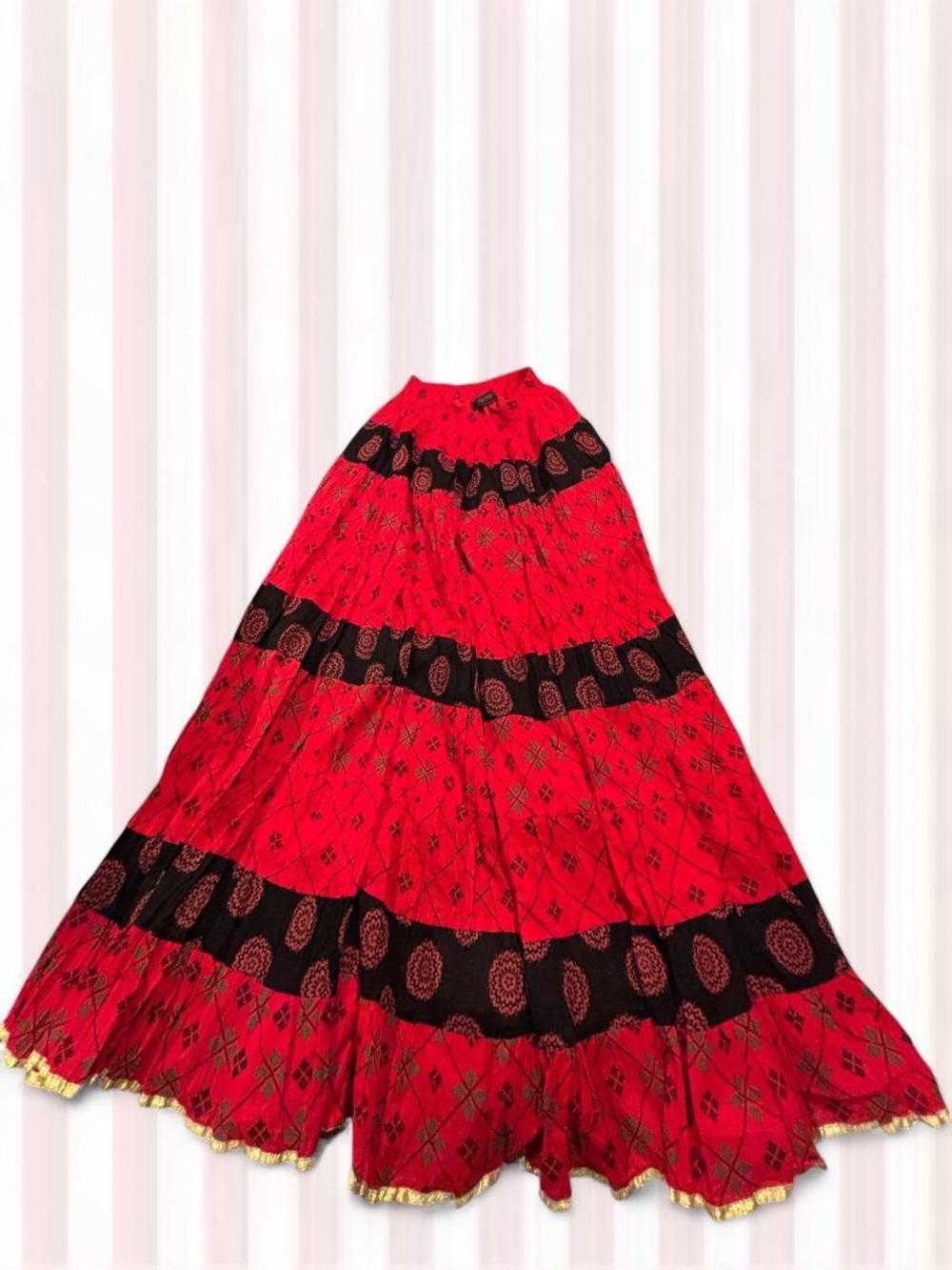 Diva Red A-Line Maxi Skirt with Black Banding and Gold Trim